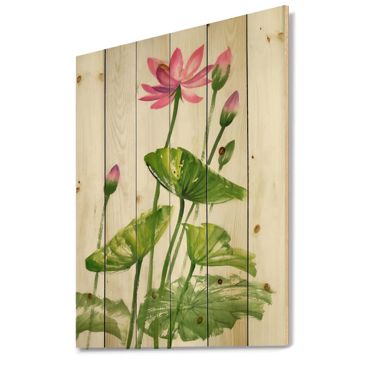 Designart - Vintage Pink Lotuses In The Pond VII - Traditional Print on Natural Pine Wood
